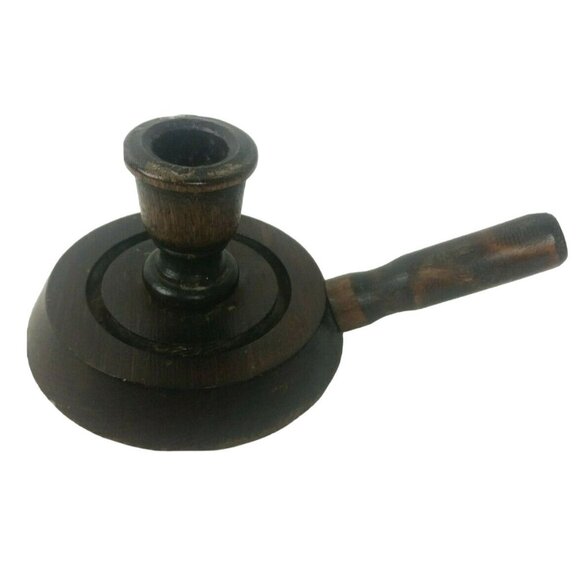 Two Vintage Wooden Handled Chamberstick Candleholders Rustic Granny Chic Charm - Picture 2 of 6